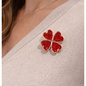 Red Glitter Heart Clover Brooch Pin | Lucky Four Leaf | Valentine